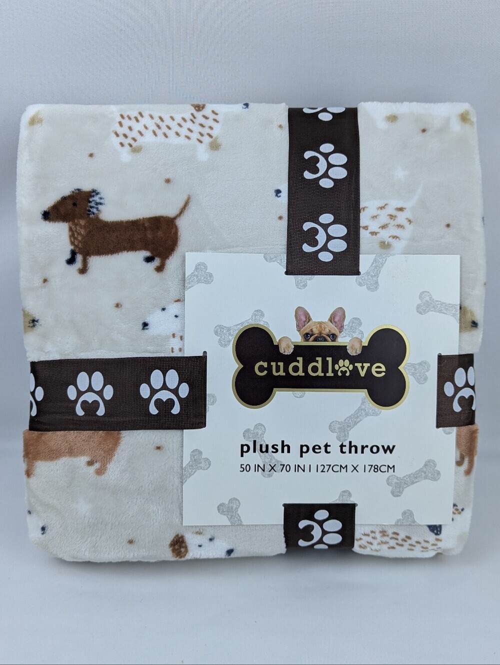 Dachshund Doxie Print Plush Pet Throw Oatmeal Browns Black White 50" x 70" NWT